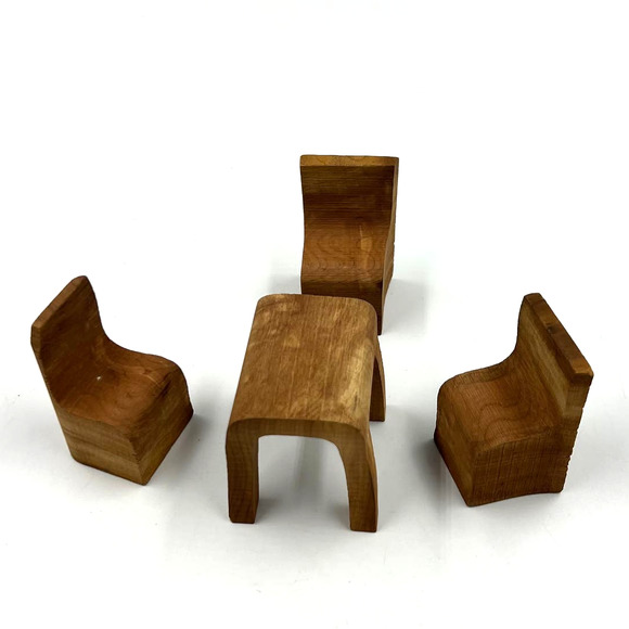 Vintage Set Wooden Hand Made Miniature Doll House Table 3 Chairs Primitive - Picture 11 of 11